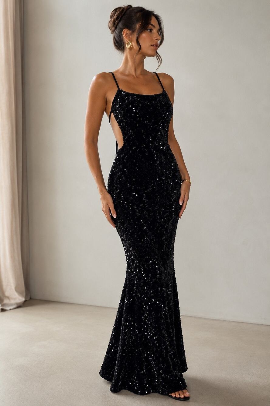 FAERIESTY Black Sequin Mermaid Maxi Gown Open Back Formal Prom Dress Size M